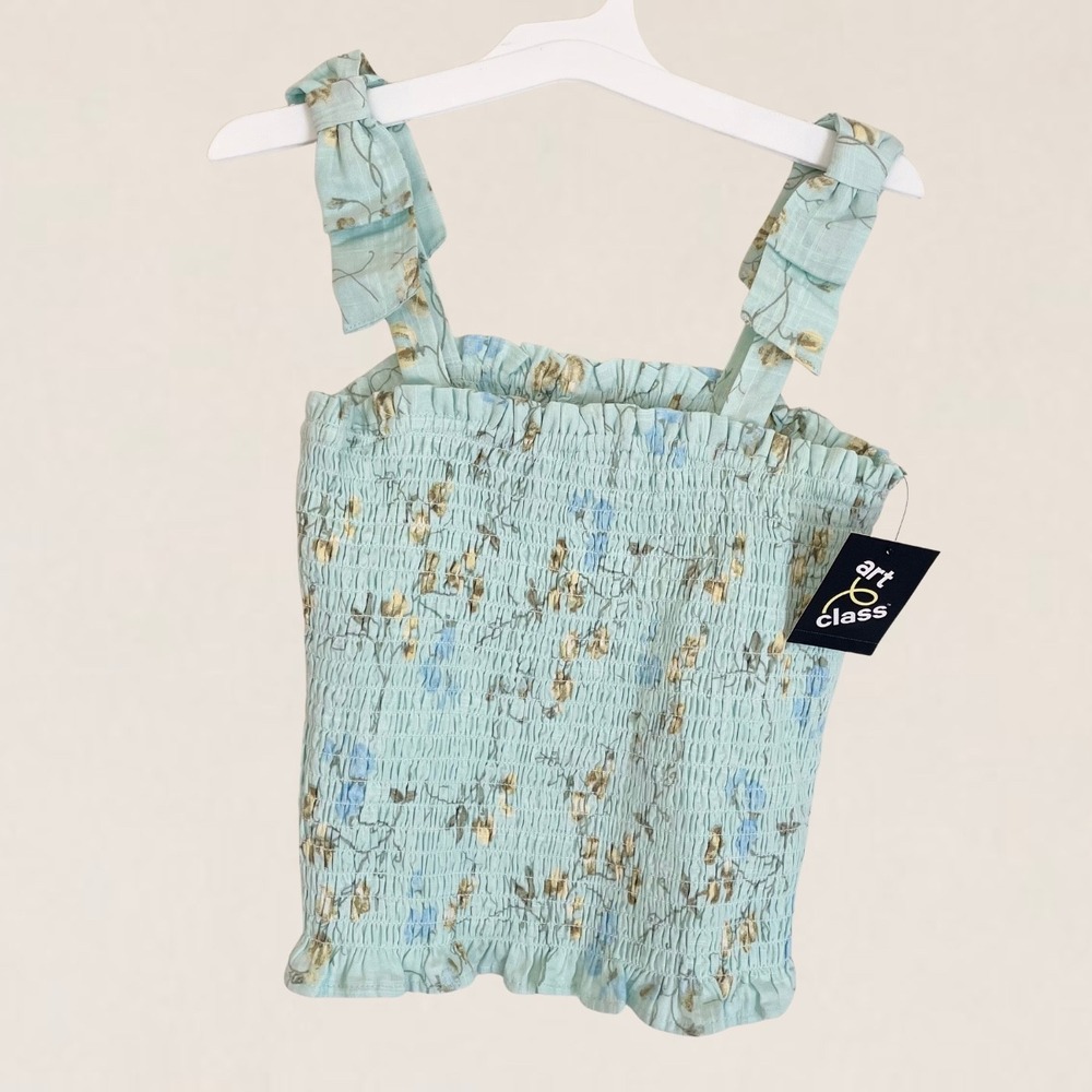 Art Class Girls XL 14 Mint Green Floral Smocked Tie Shoulder Tank Top NWT - Picture 2 of 6